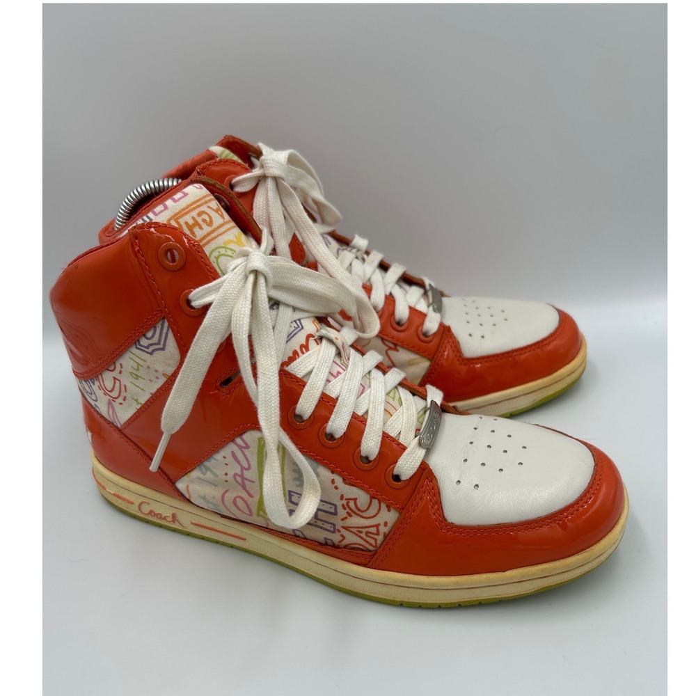 Coach Norra Orange Patent Leather Graffiti Doodle High Top Sneakers Q388 9.5M - Picture 4 of 8